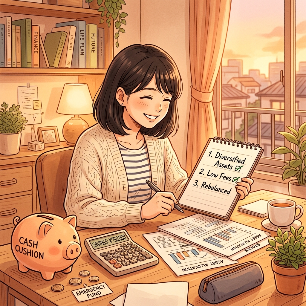 チェックリストと貯金箱でポートフォリオを点検する人のイラスト