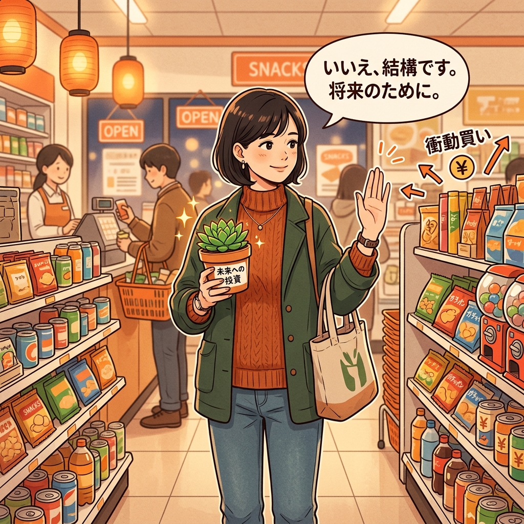 コンビニで衝動買いを断り将来のために行動する人のイラスト
