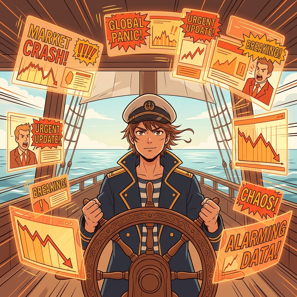 情報の波に惑わされず舵を握る船長のイラスト