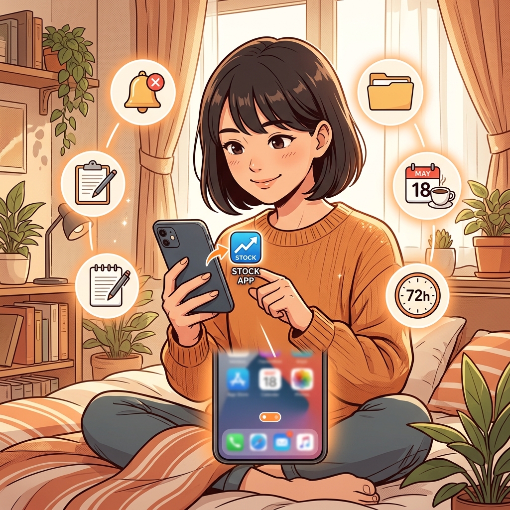 証券アプリの通知OFFや72時間ルールなど5つの行動を実践する人のイラスト