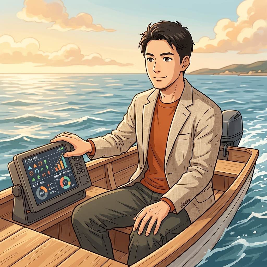 波の上を小舟で穏やかに進む投資家のイラスト
