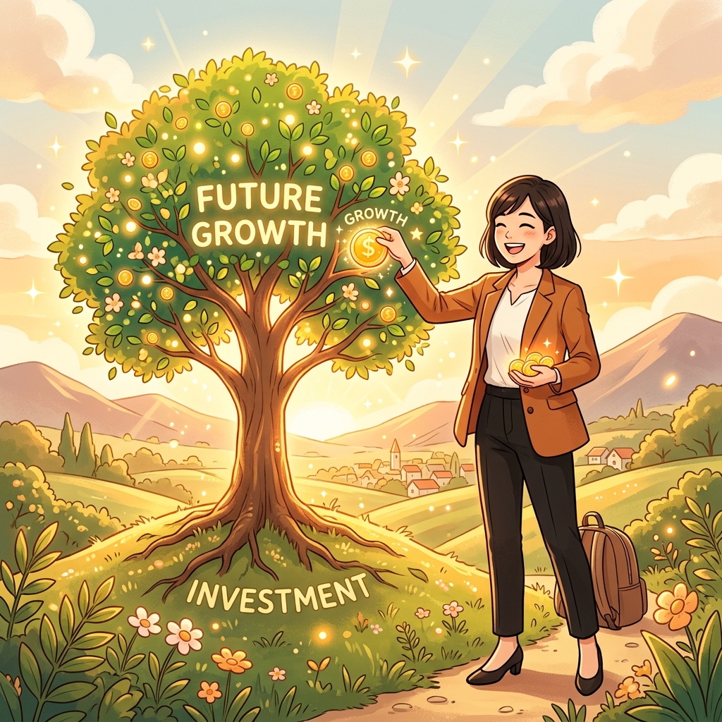 自分のコインを、未来の豊かさを象徴する光る木に投票している人々のイラスト