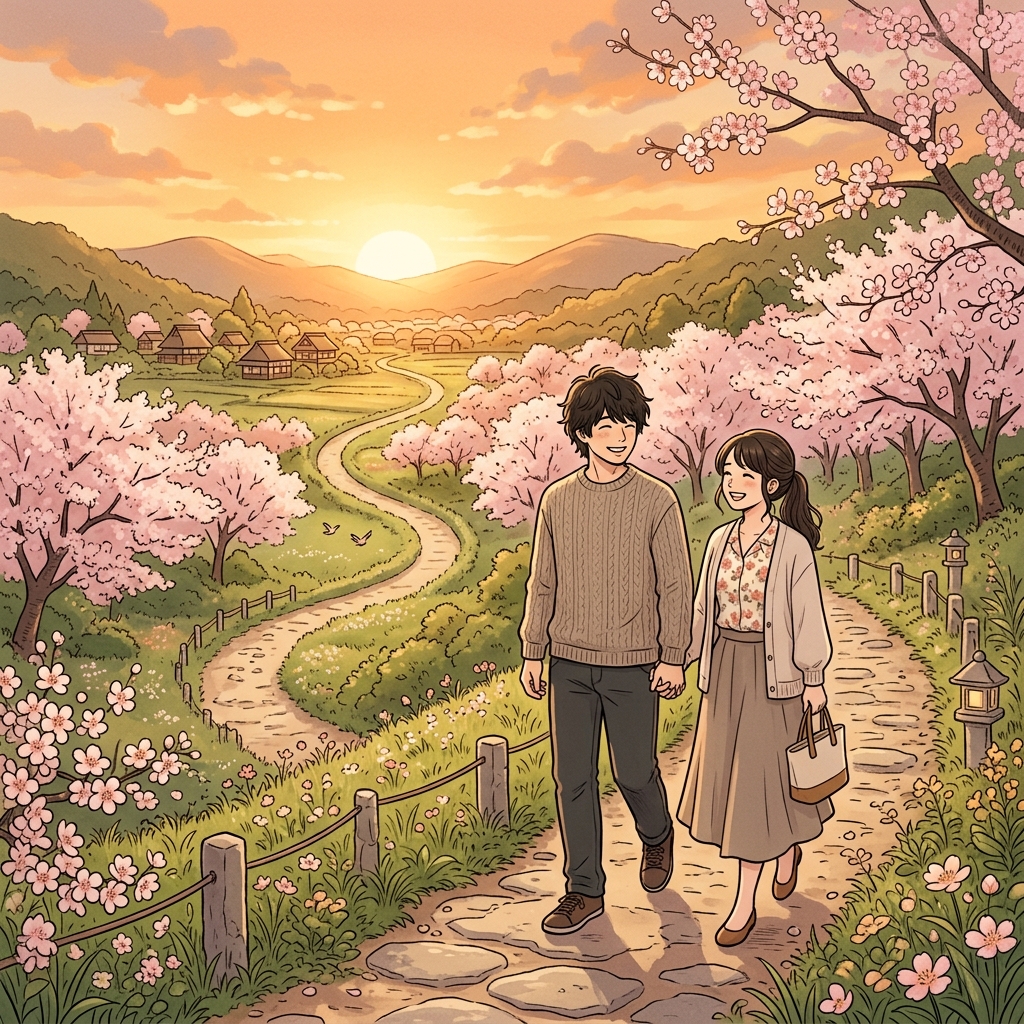 桜並木の小道を穏やかに歩くカップルのイラスト