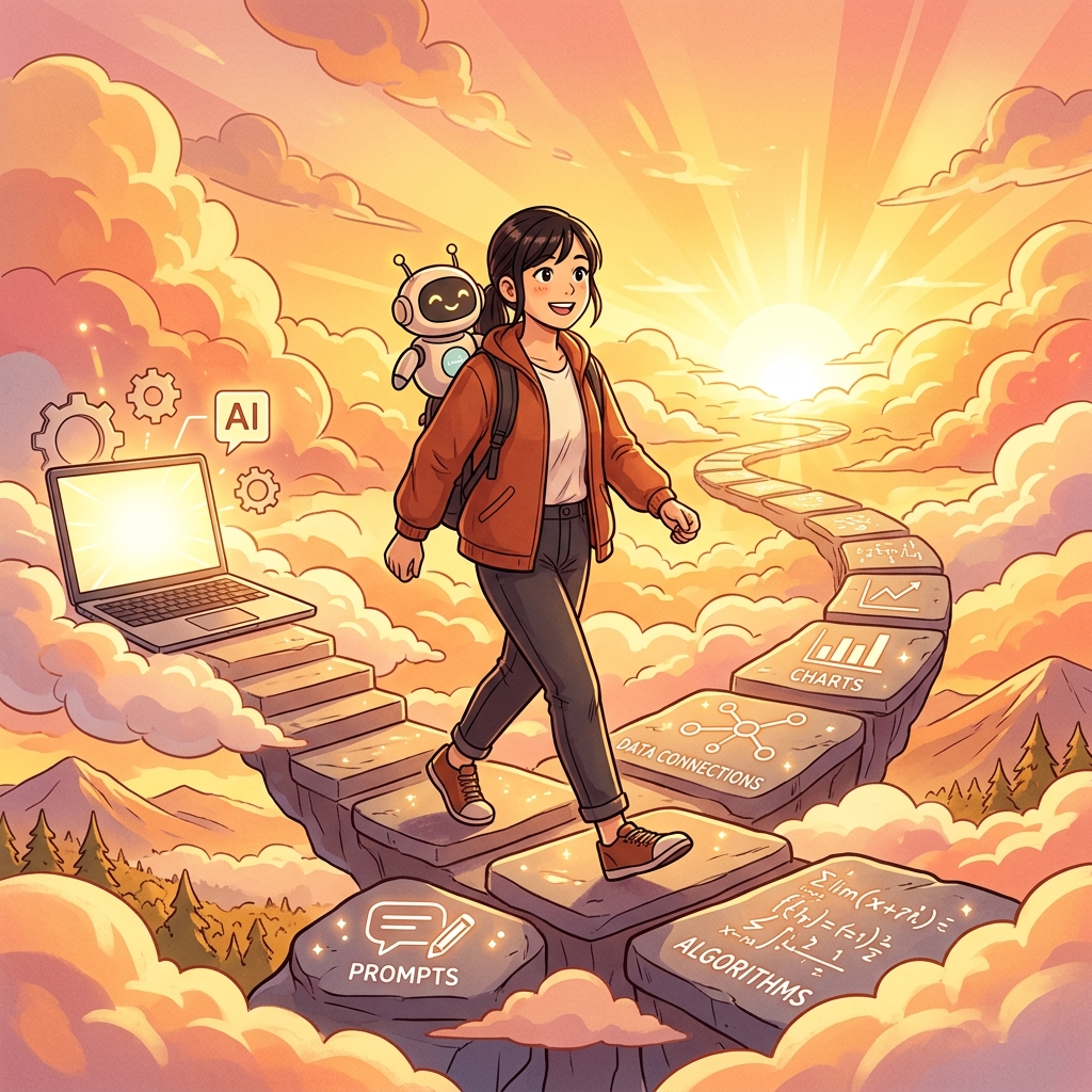 AIコンパニオンと共に朝日に向かって歩く人のイラスト