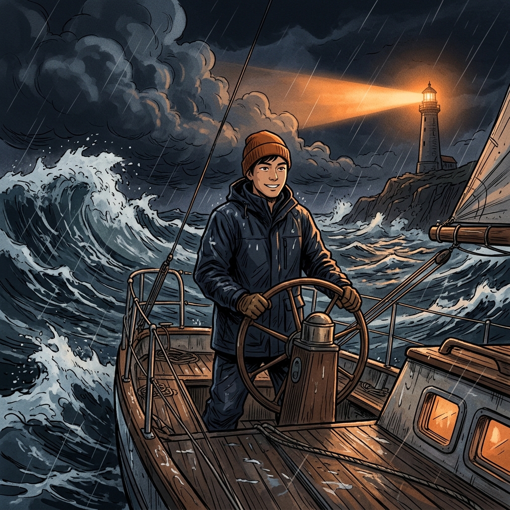 嵐の中で灯台を見ながら舵を握る航海士のイラスト