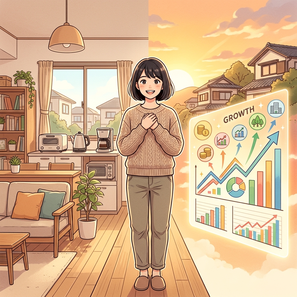 整った暮らしと成長する投資の間に立つ人のイラスト