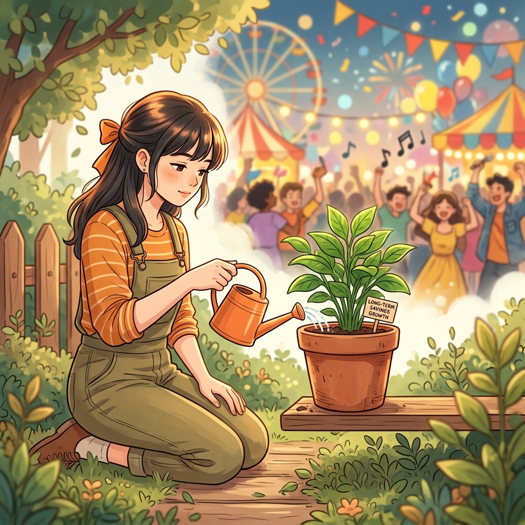 周囲の喧騒をよそに自分の投資の苗に水をやる人のイラスト