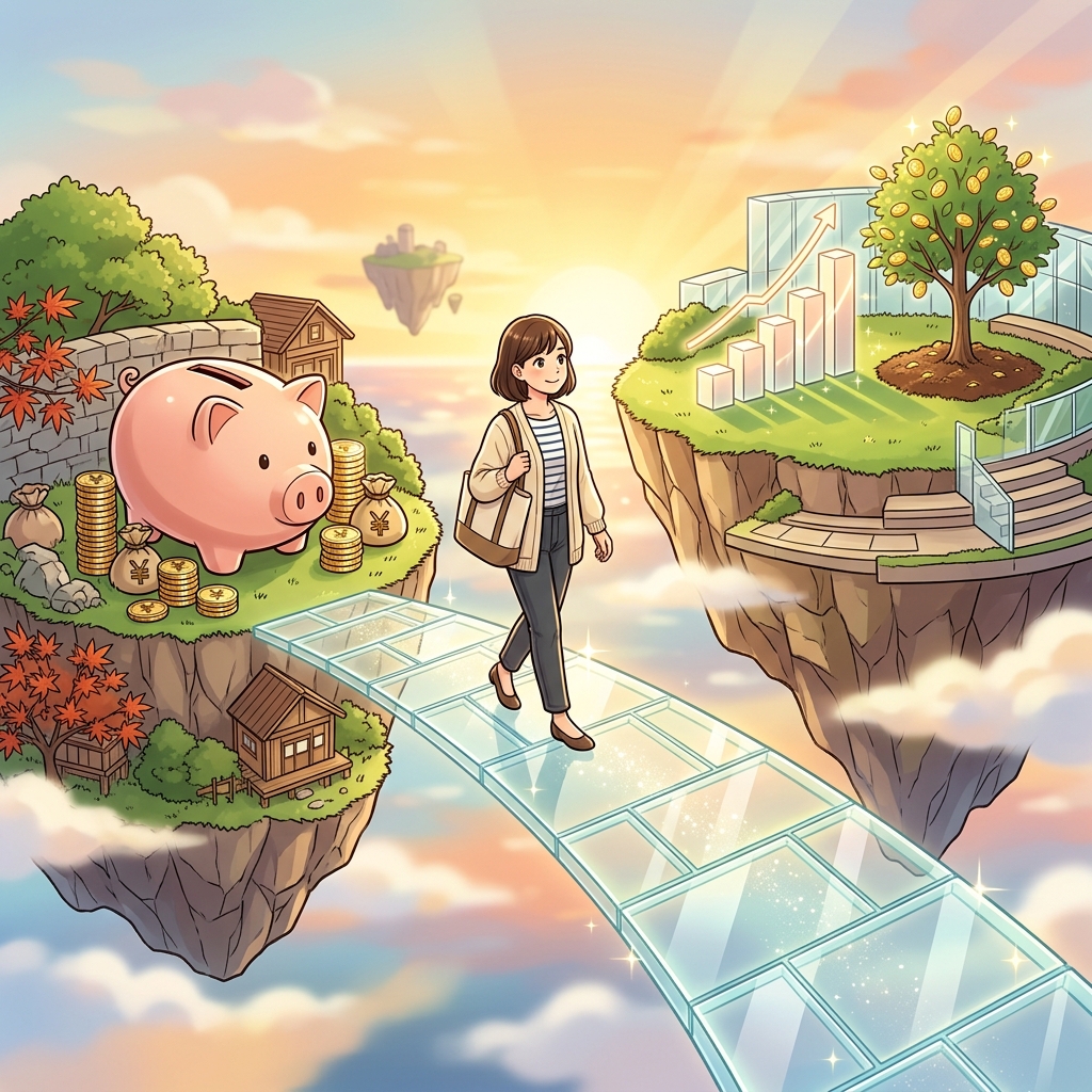 節約の島と投資の島をつなぐガラスの橋のイラスト
