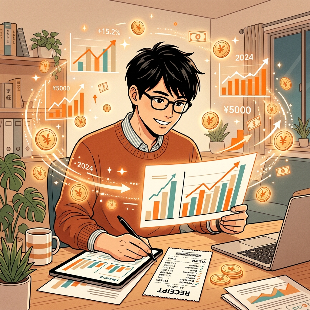 株価チャートとレシートを分析する男性の温かみのあるイラスト