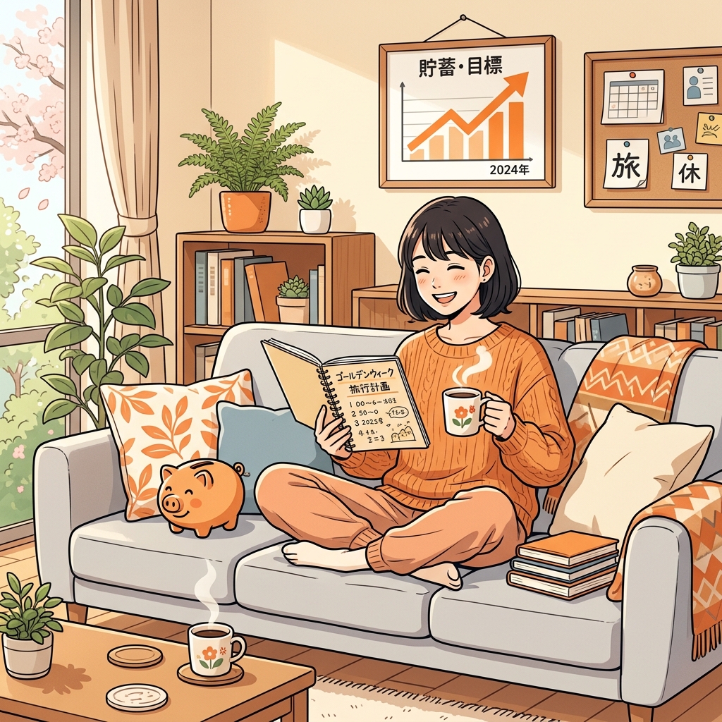 株価チャートとレシートを分析する男性の温かみのあるイラスト