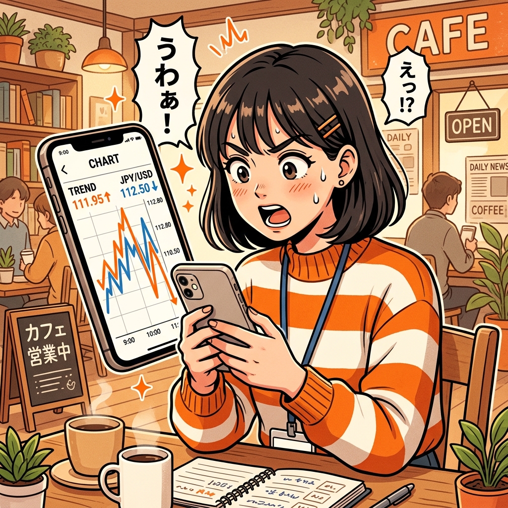 スマホで為替チャートを見て驚きつつも決意の表情を浮かべる女性のポップマンガ風イラスト