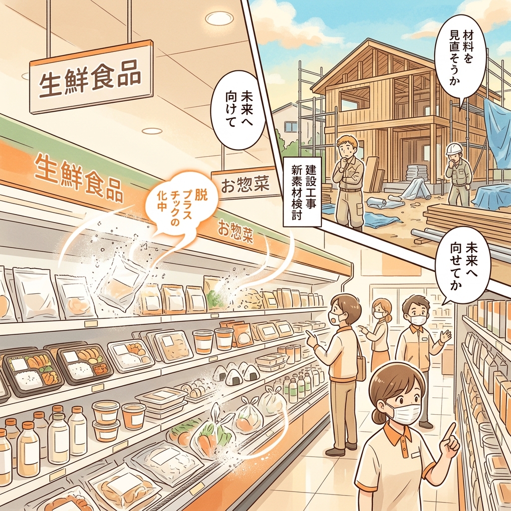 ナフサが消え、食品包装や住宅資材が不足した極端な世界を描くイラスト