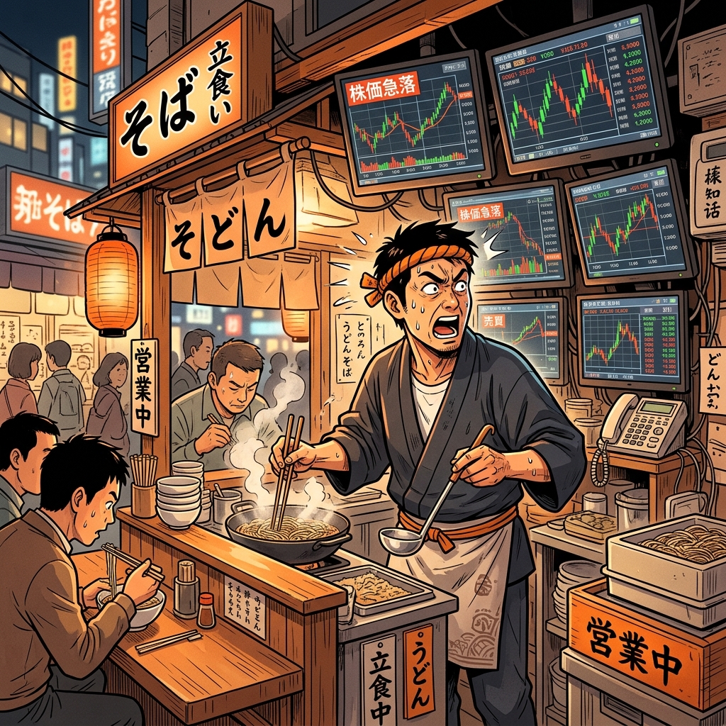 路地裏の立ち食いラーメン屋で忙しく働く店主のイラスト