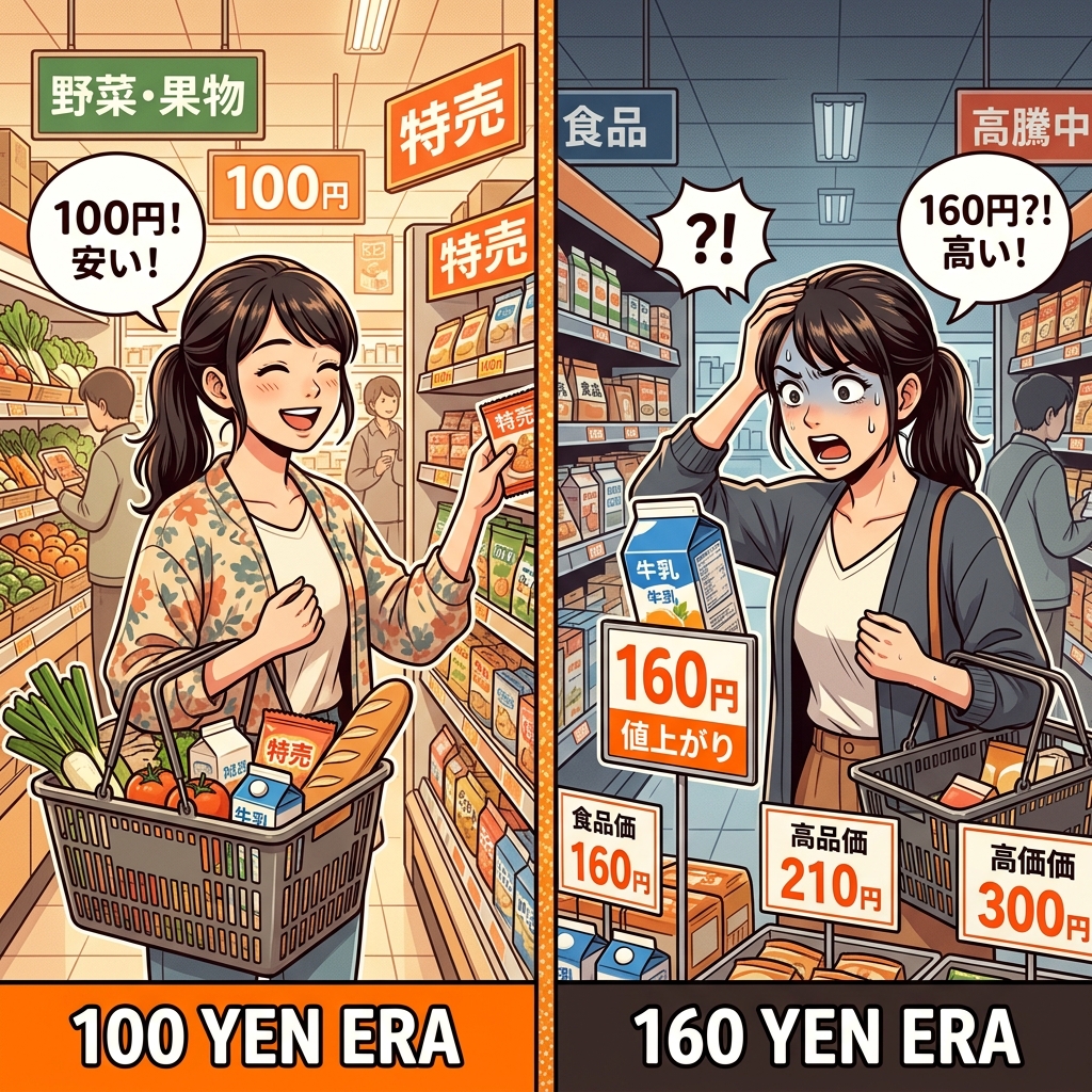 100円時代と160円時代のスーパーでの買い物を対比したスプリットシーンのイラスト