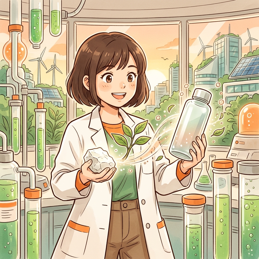 石灰石や植物由来の新素材が経済安全保障の主役となる様子を描いたイラスト