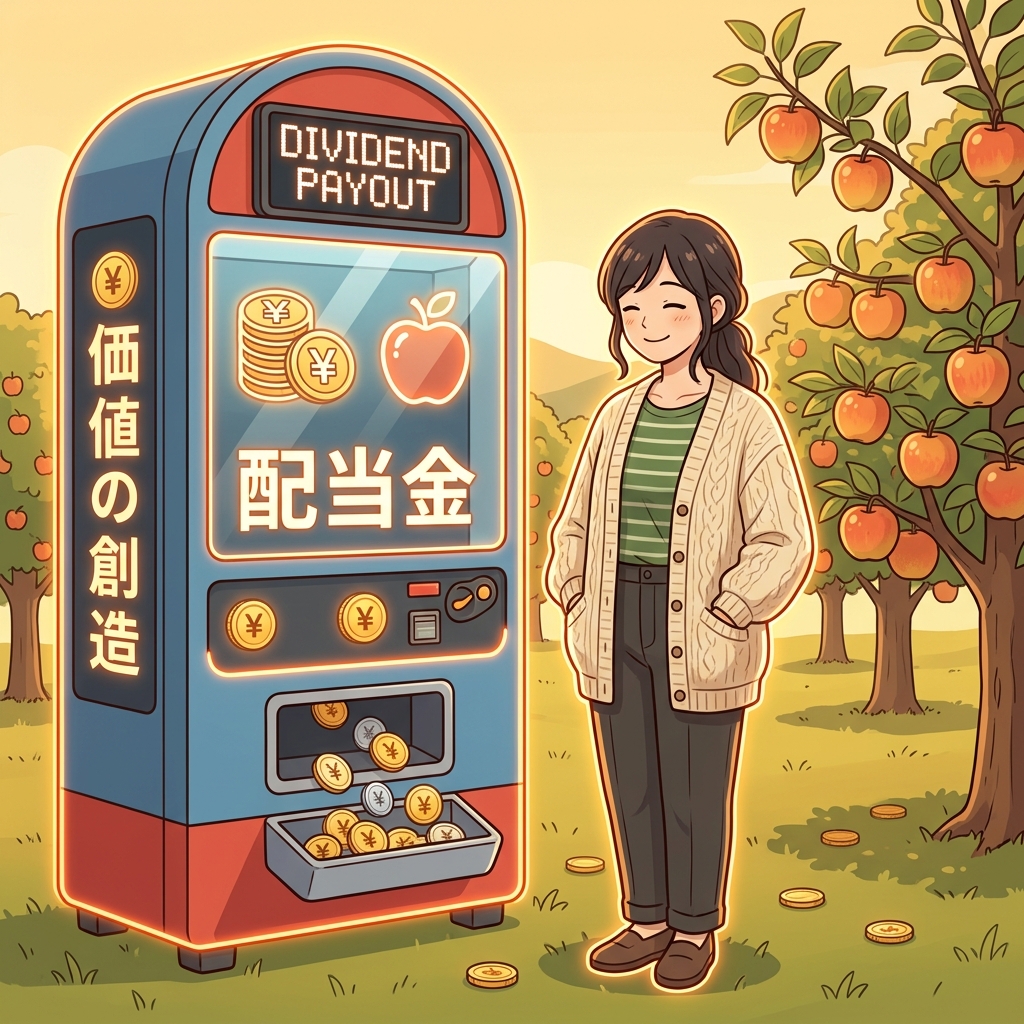 豊かに実った果樹園で収穫を楽しむオーナーのイラスト