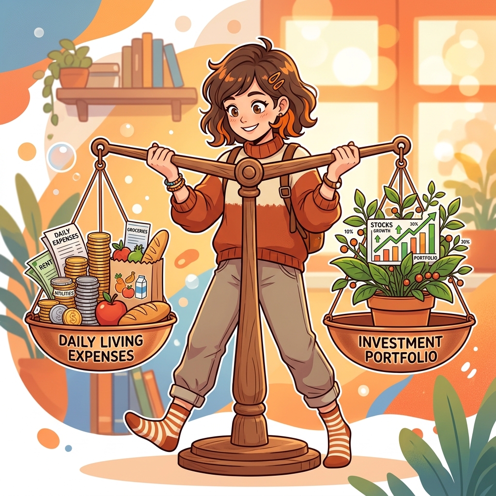 日常の生活費と投資ポートフォリオを天秤にかけてバランスを取っている女性のイラスト