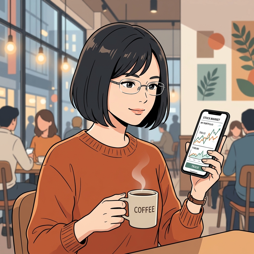 株価変動時も落ち着いてスマホでチャートを確認し、コーヒーを飲む自信に満ちた女性のイラスト