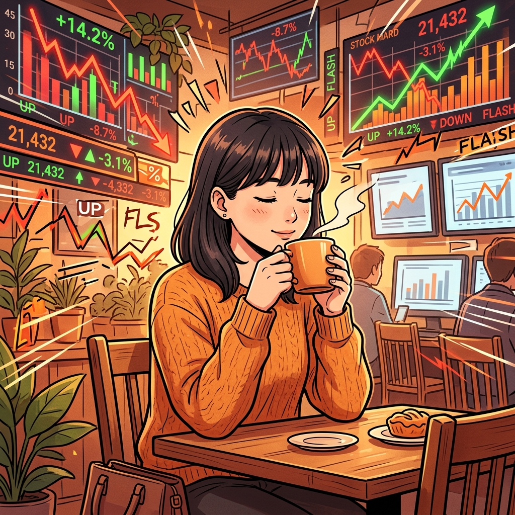 カフェで赤い点滅するチャートのノイズを無視して穏やかにコーヒーを飲む女性のイラスト