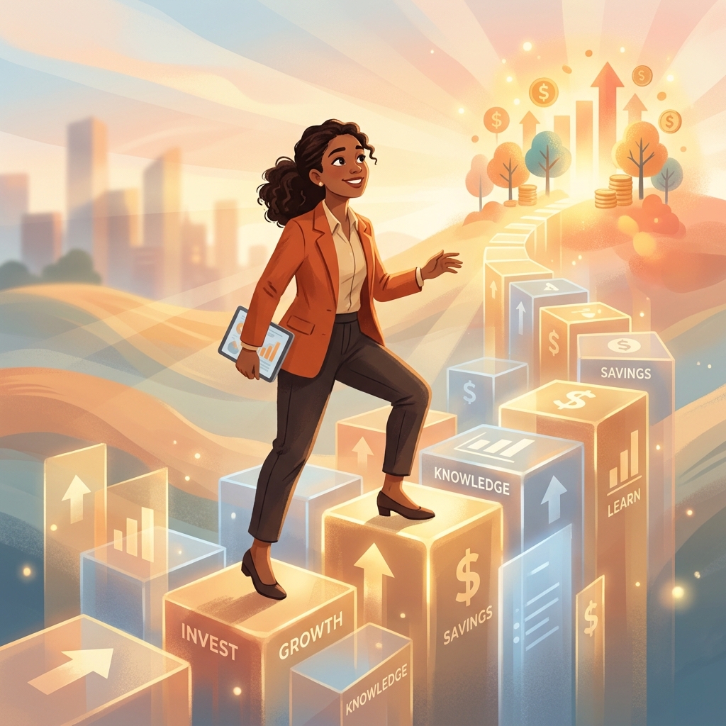 データブロックでできた上昇トレンドの道を自信を持って歩み進める人のイラスト