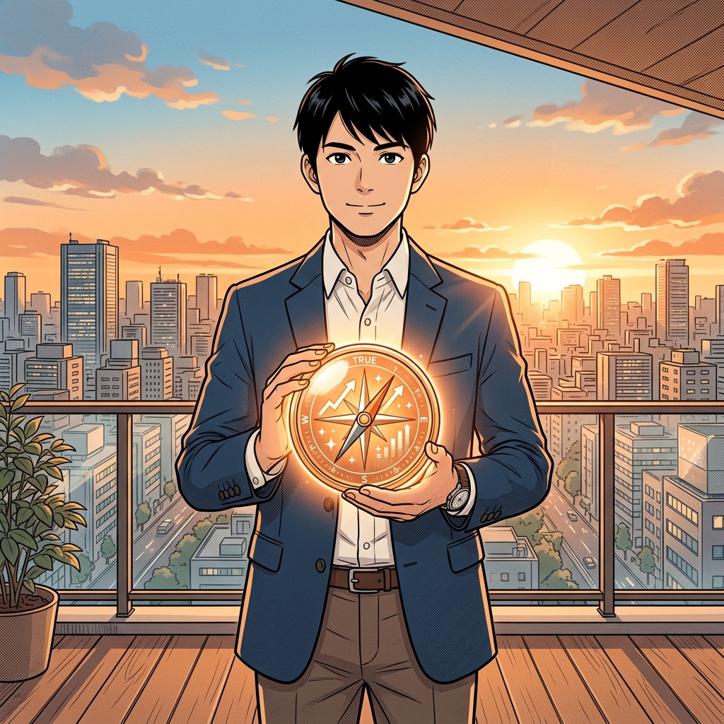 現在の資産と未来の成長への投資をバランス良く考える投資家のイラスト
