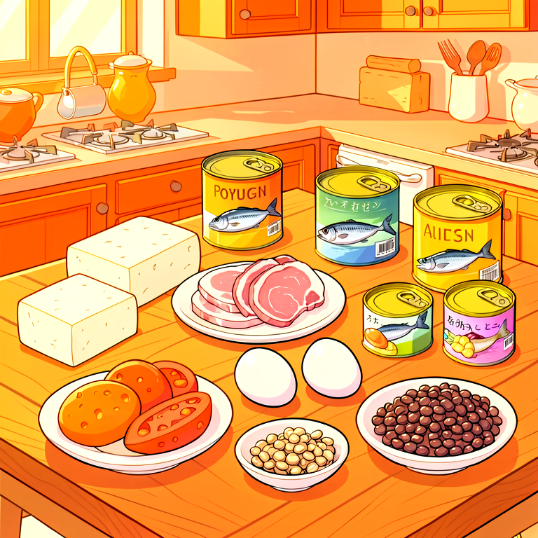 多様なタンパク質食材が並ぶ食卓のイラスト