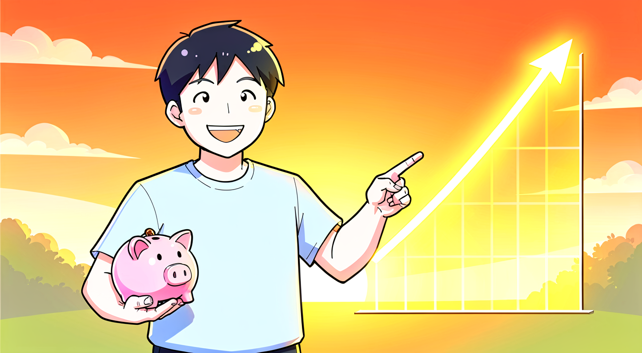 節約と投資の両輪が動く明るいイメージ
