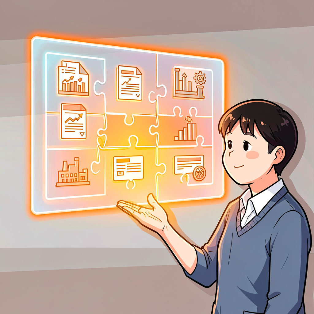 公開情報を組み合わせて仮説を立てる投資家のイラスト