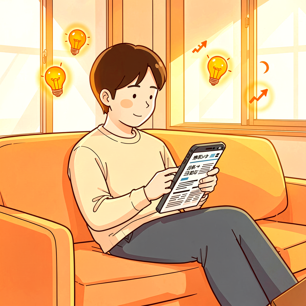 スマートフォンでニュースを読みながら投資を考える人のイラスト